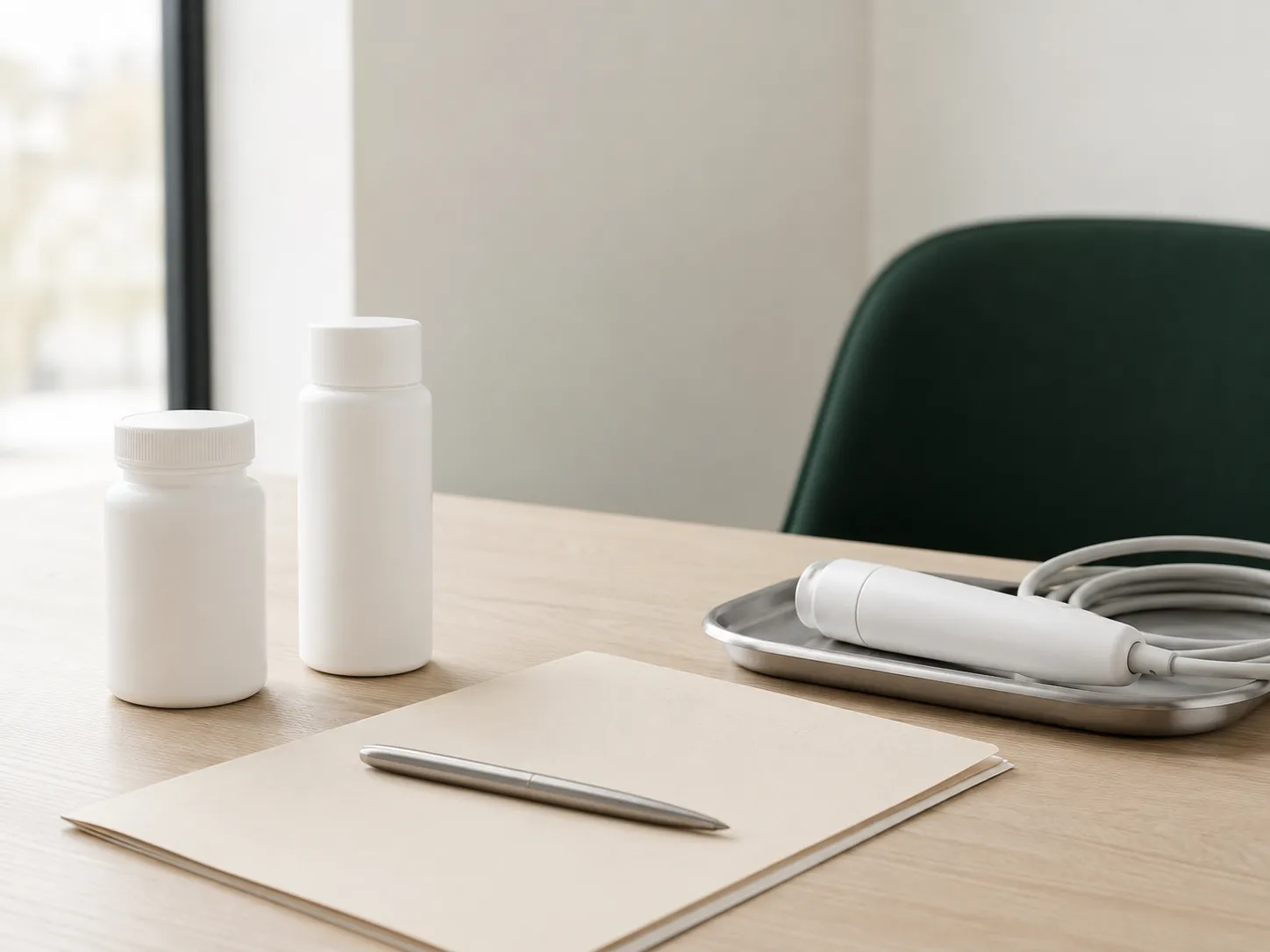 Medication containers, a patient folder, and a treatment handpiece on a consultation desk