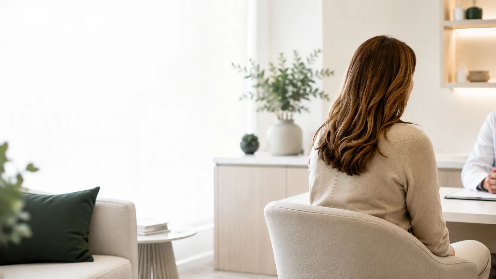 Patient seated for a consultation in a dermatology clinic