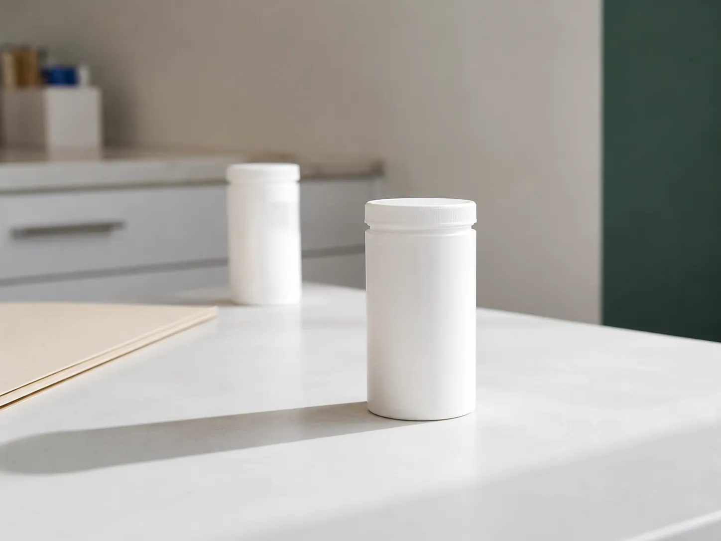 Unlabeled white medication containers on a clinic counter