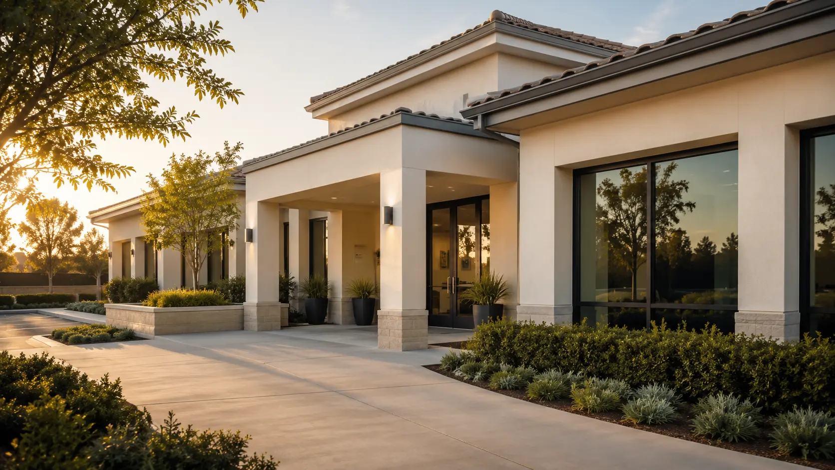 Exterior of a single-story medical office building at sunset