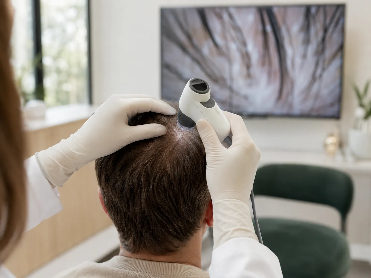 Provider examining a patient's scalp with a handheld imaging device