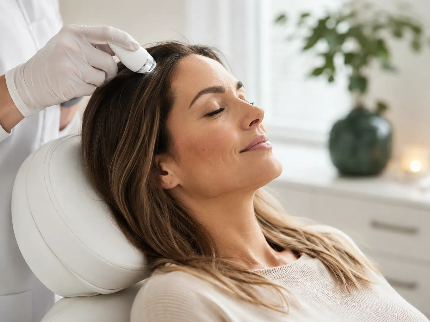 Patient reclining during a scalp treatment session